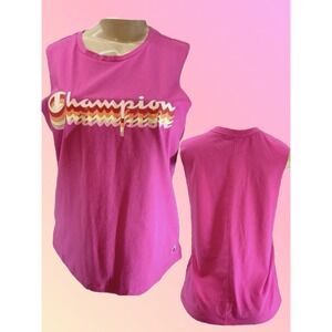Champion L Womens Pink Muscle Tank Top Retro Logo Name Graphic Crew Cotton Blend
